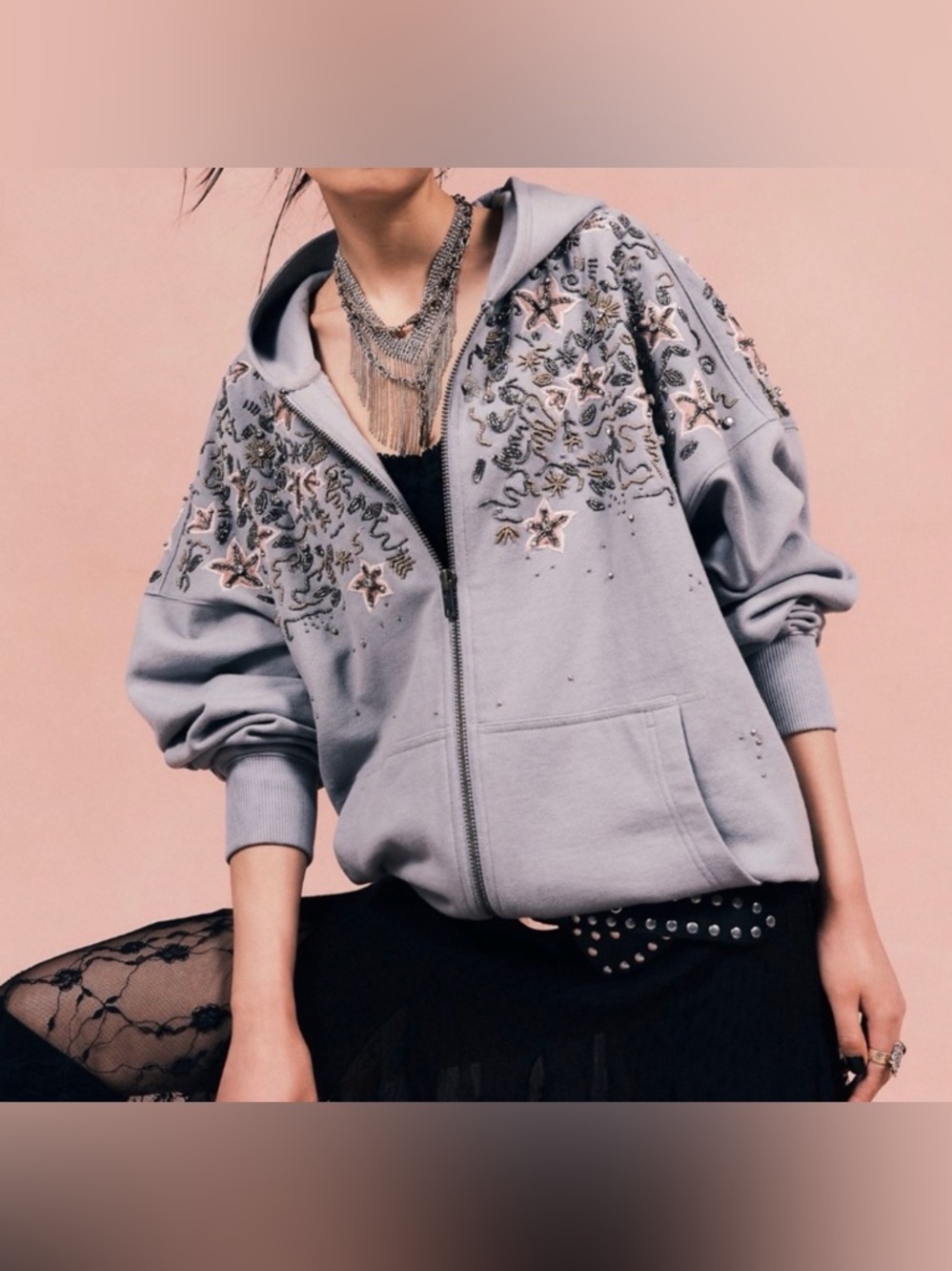 Free People Embellished Light Gray Zip-Up Hoodie